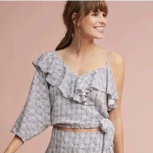 Maeve Imelda pineapple Print One-Shoulder Ruffle Wrap Style Blouse blue